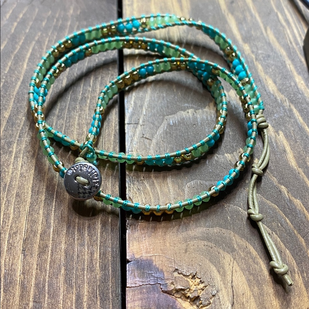 Stella & Dot Boho Leather Wrap Bracelet green/turquoise/gold tone beads